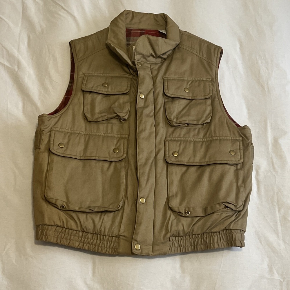 Vtg Trails End Puffer Vest Flannel Lined Mens Tan Zip Up Outdoor Fishing Size L